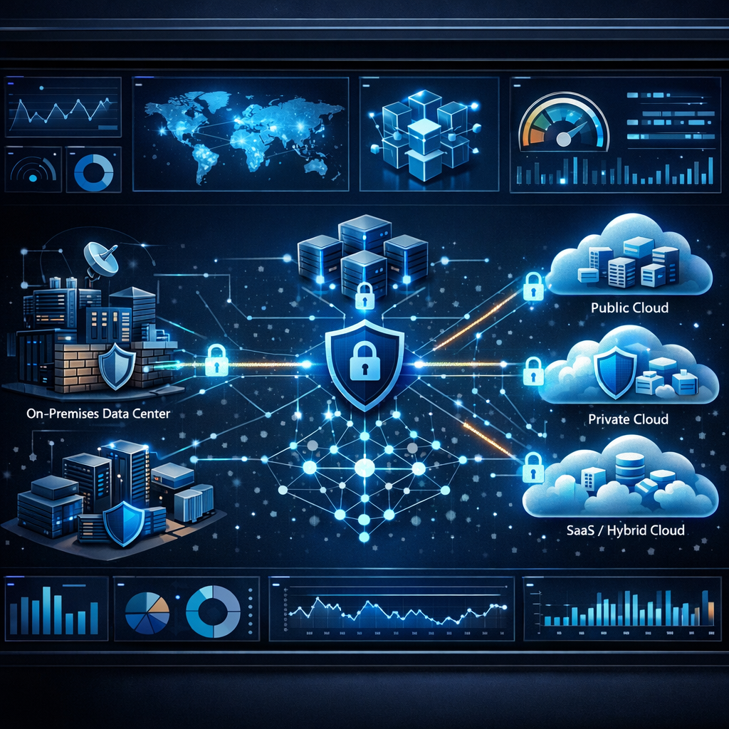 Enterprise cloud architecture deployment dashboard showing secure network topology