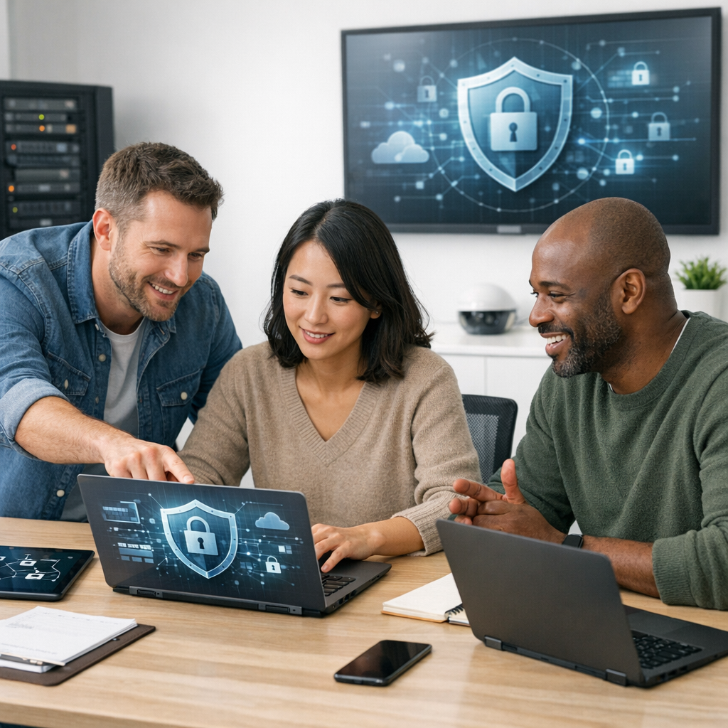 IT professionals collaborating on security implementation in a bright minimal workspace