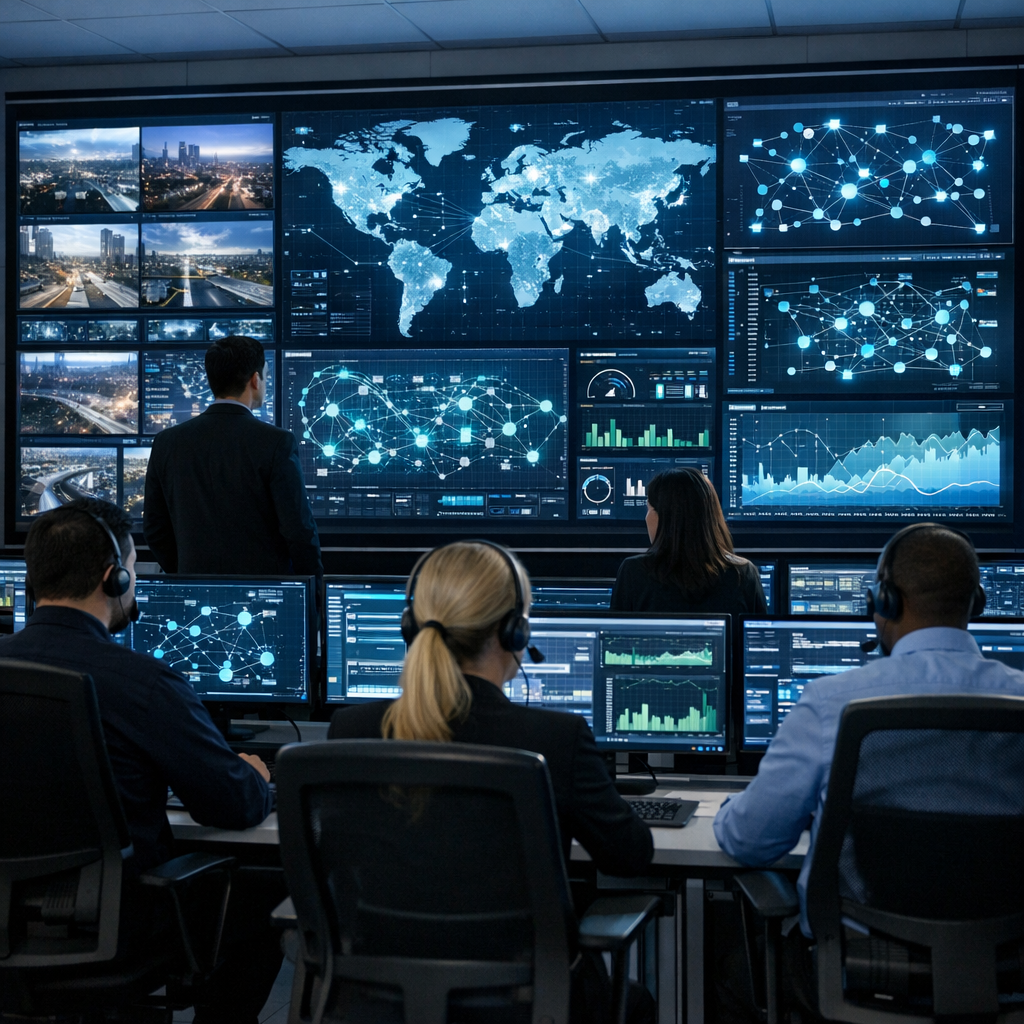 Security operations team monitoring infrastructure in a modern clean command center